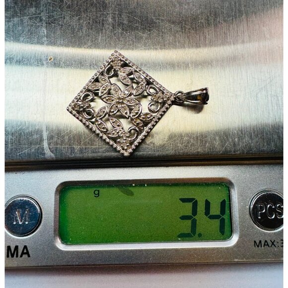 Brand New Sterling Silver 925 Filigree Floral Design Pendant w/ White Crystals, - Picture 9 of 10